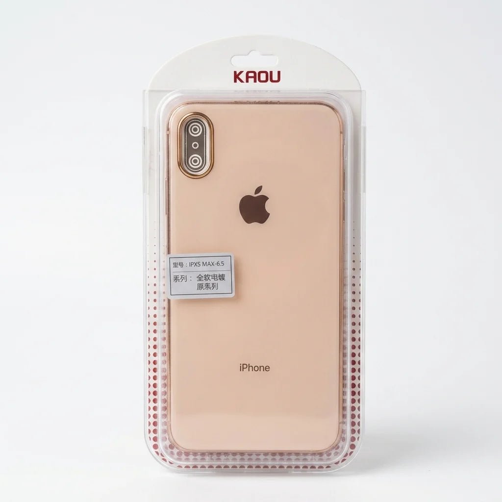 KAOU iPhone case in clear packaging, shown on a white background. The case is transparent with a red dotted border pattern and is displayed on a gold iPhone.
