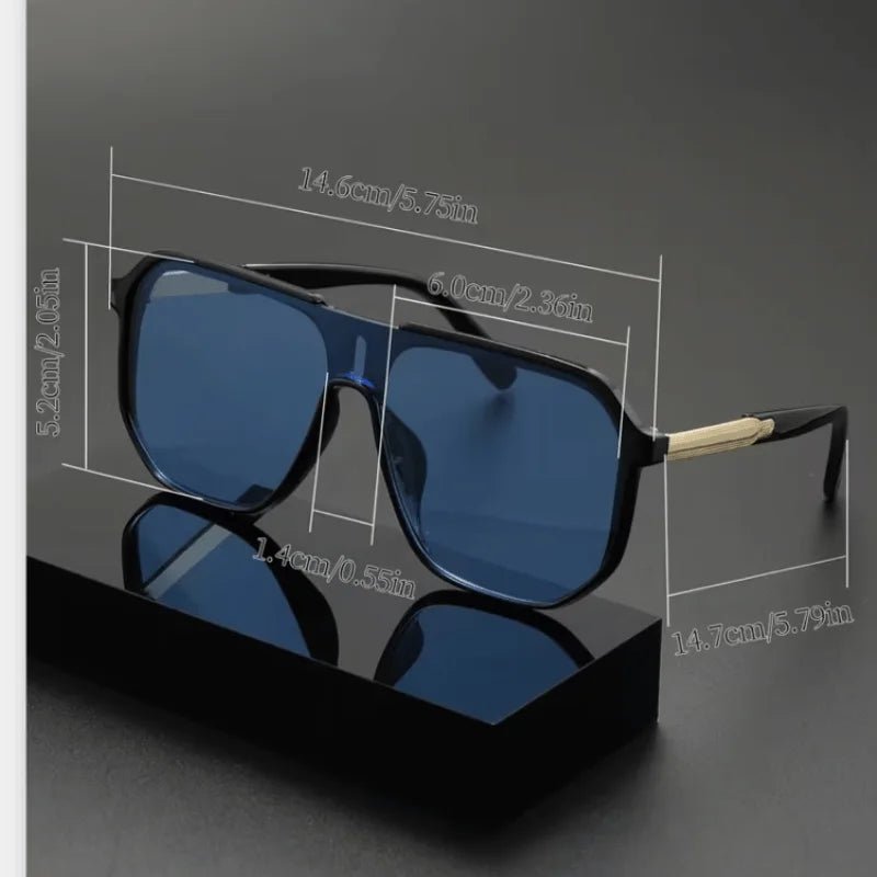 Sunglasses with blue lenses and black frame, shown with measurements on a dark background