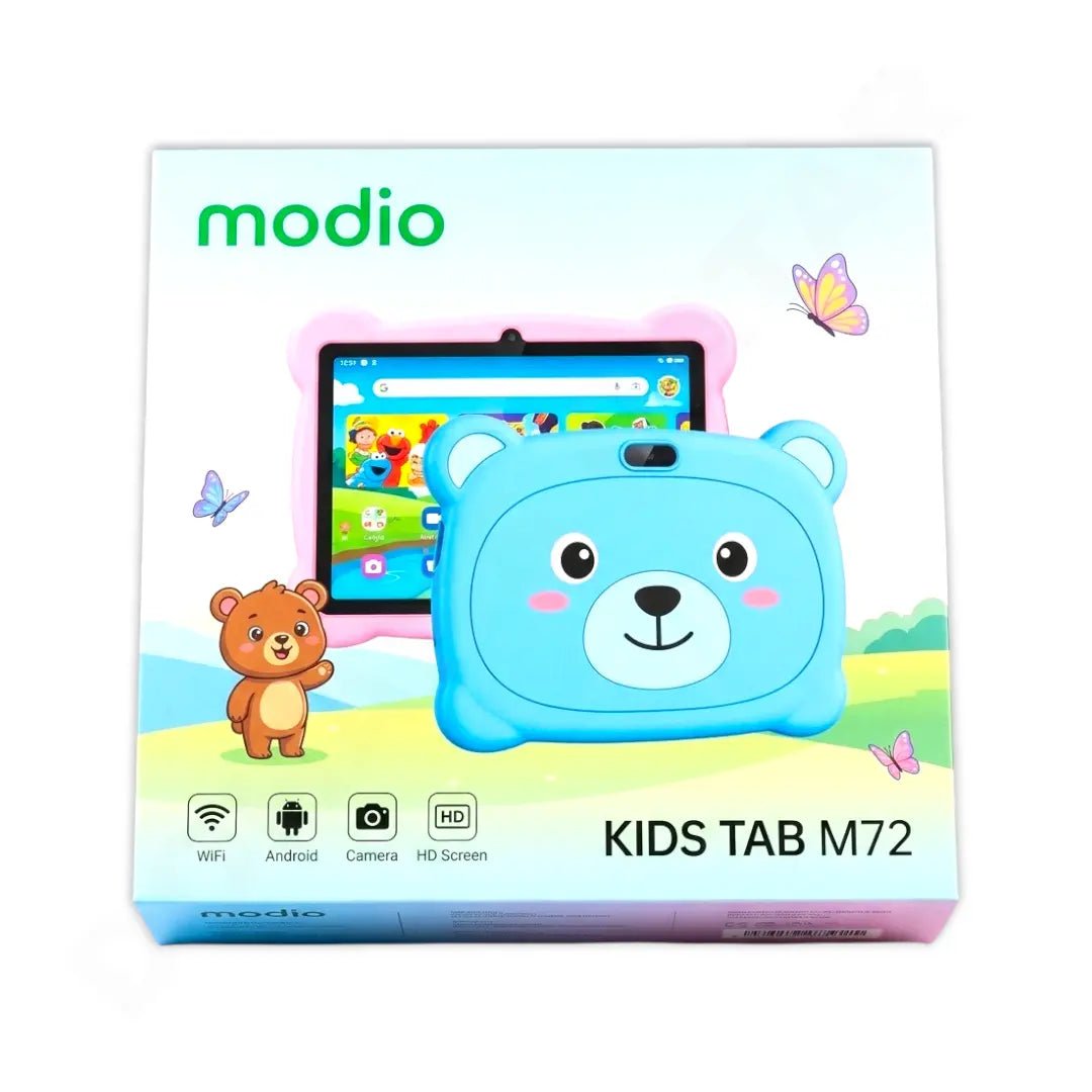 Modio Kids Tab M72 tablet in its original retail packaging, featuring a light blue bear-face protective case on the front of the box.