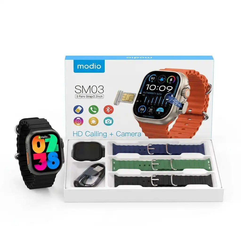 Modio SM03 Smartwatch – SIM Card Slot, HD Camera & 3 Interchangeable Straps – Bluetooth Calling, Fitness & Health Tracking, Touchscreen Display,Compatible with Android & iOS Smartwatch - Dohans Essentials - qatar