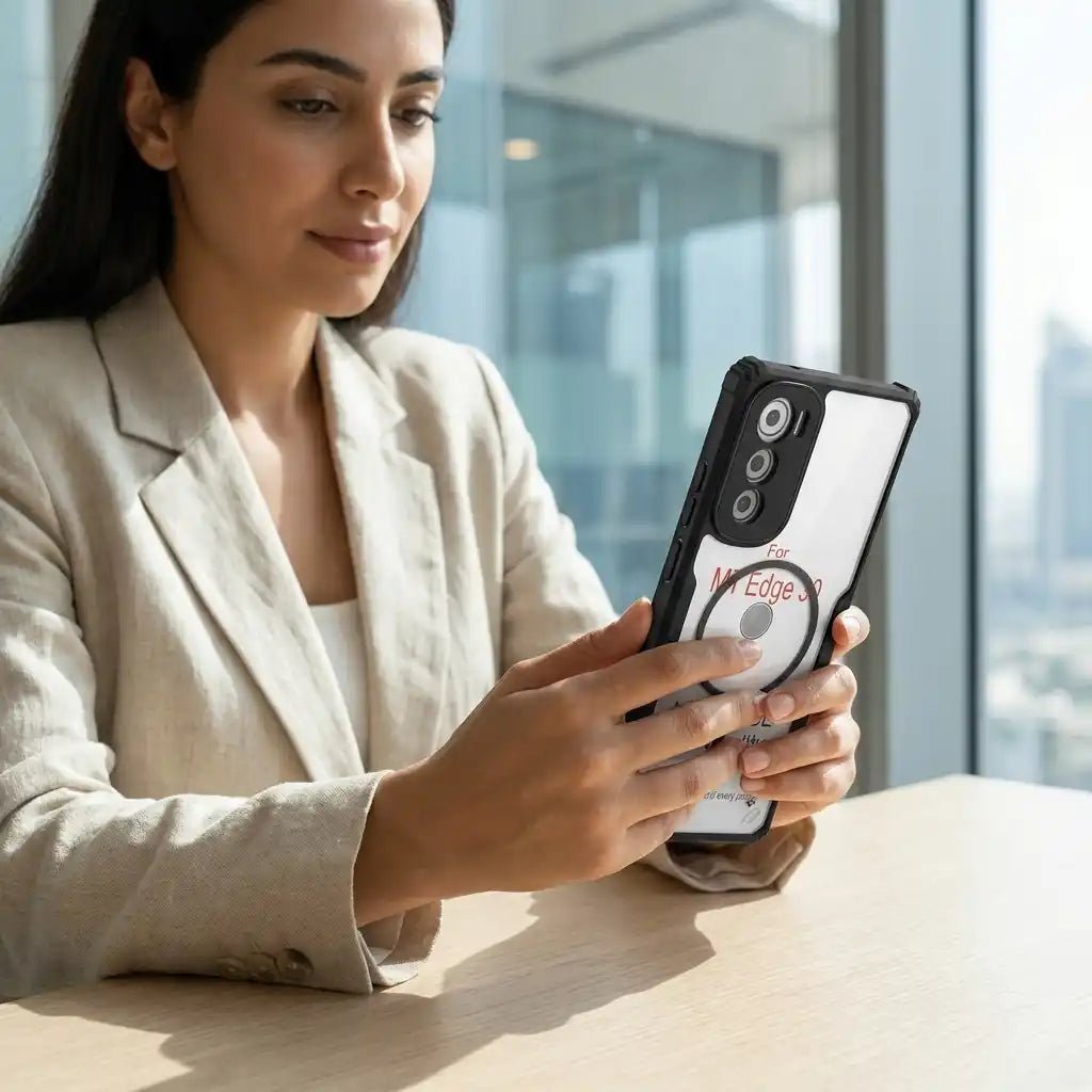 Woman holding a phone with a visible brand logo in an office setting