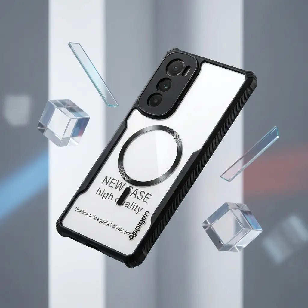 Phone case with 'NEW CASE high quality' text on a reflective surface