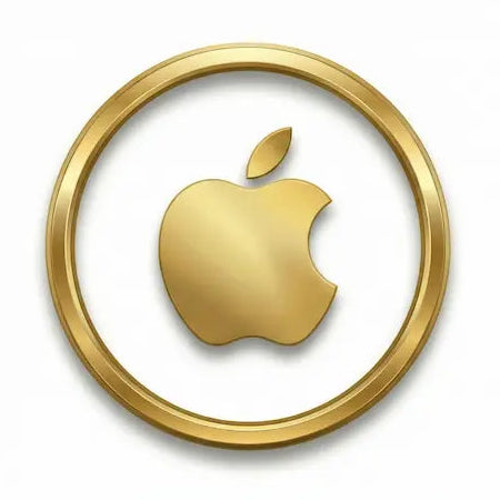 Gold Apple logo encircled by a gold ring on a white background
