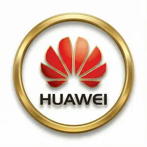Huawei logo with red flower-like design and gold border on a white background