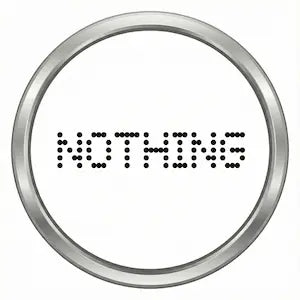 Circular metallic object with 'NOTHING' text in the center on a white background