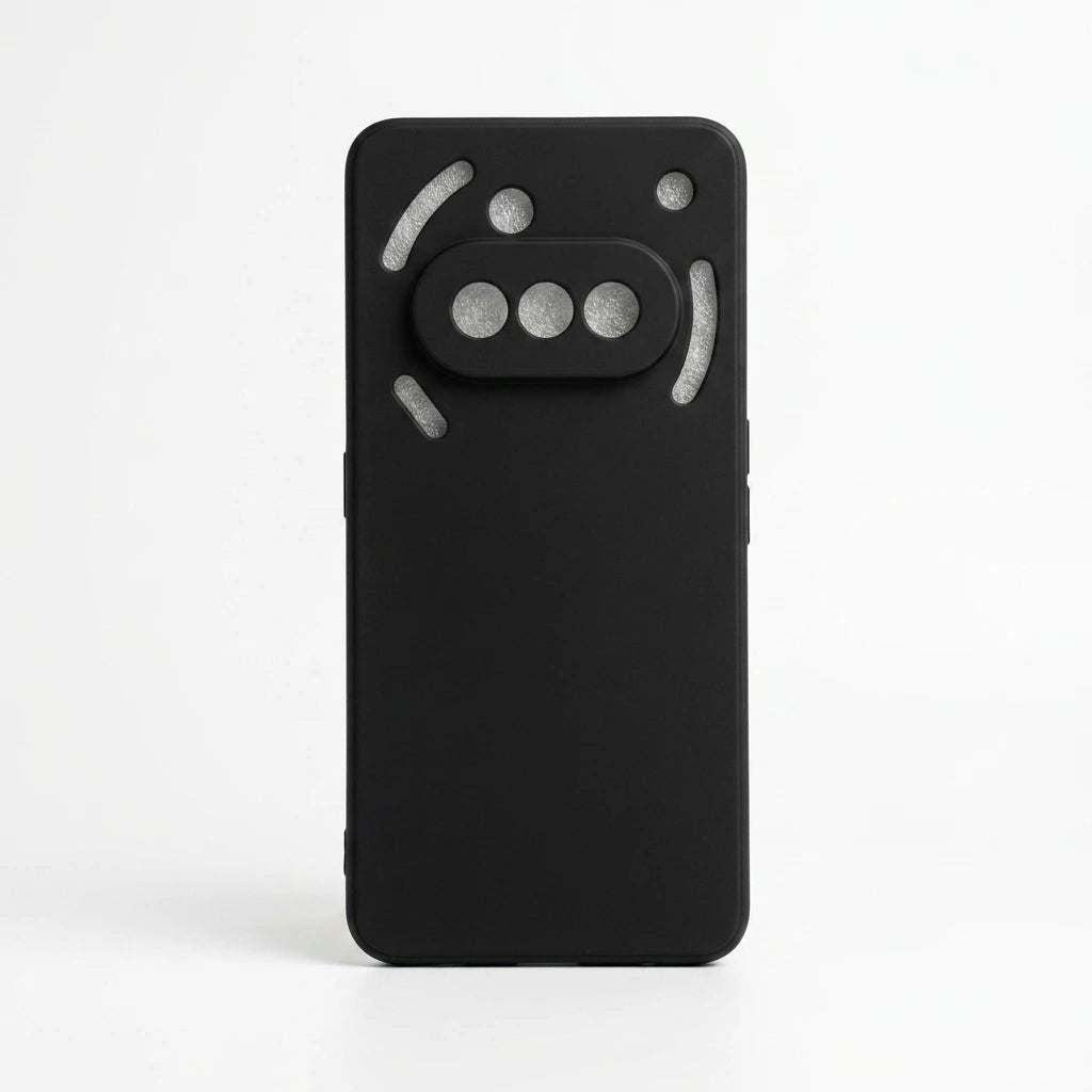 A matte black protective phone case with a minimalist, abstract design featuring circular and curved cutouts, shown on a light gray background.