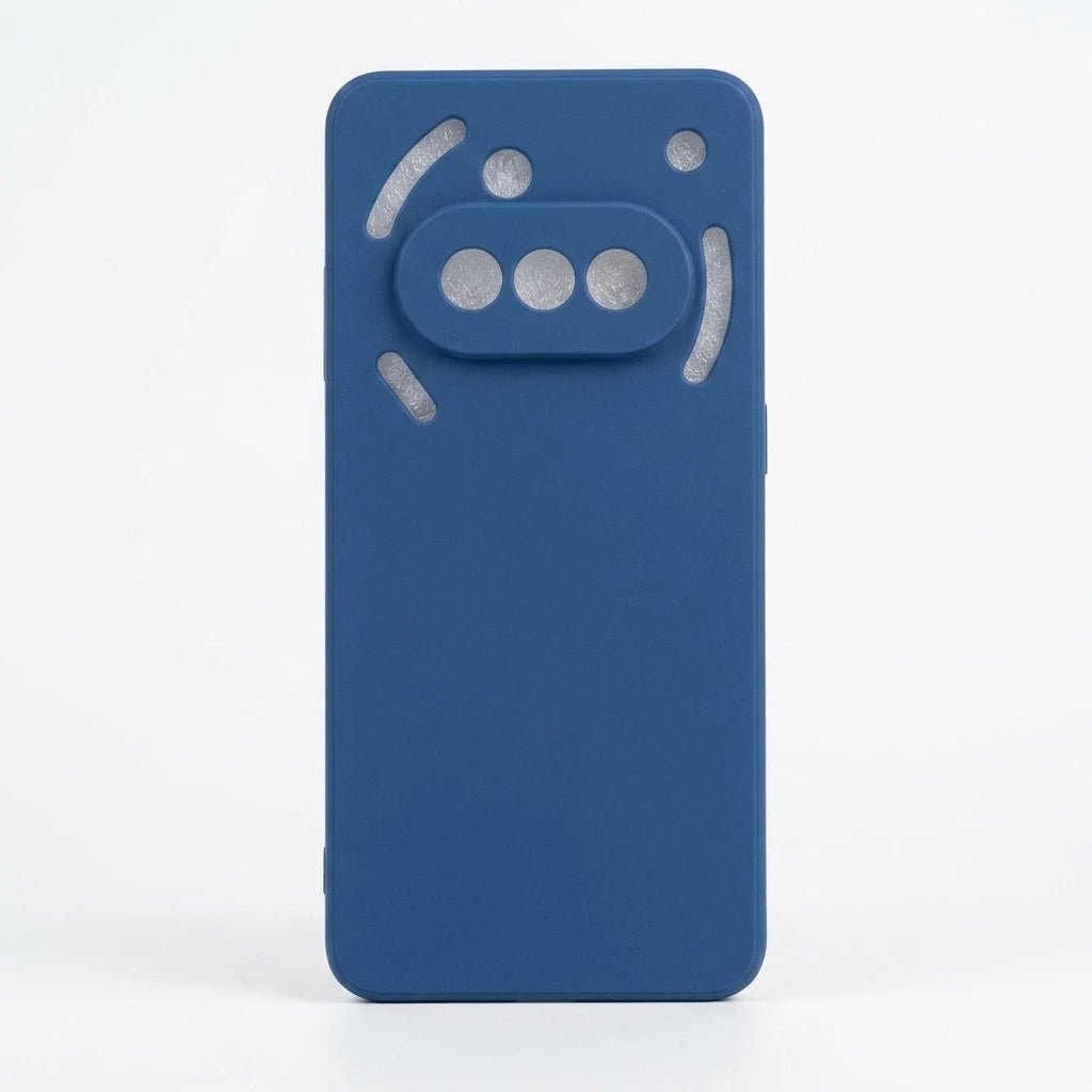 A blue protective phone case with a custom cutout design for a Google Pixel smartphone, shown against a plain white background.