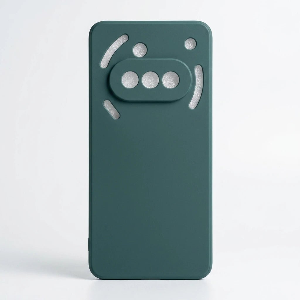 A dark teal green phone case with a minimalist, modern design featuring a raised central bar with three circular cutouts and curved accent cutouts, shown on a light gray background.