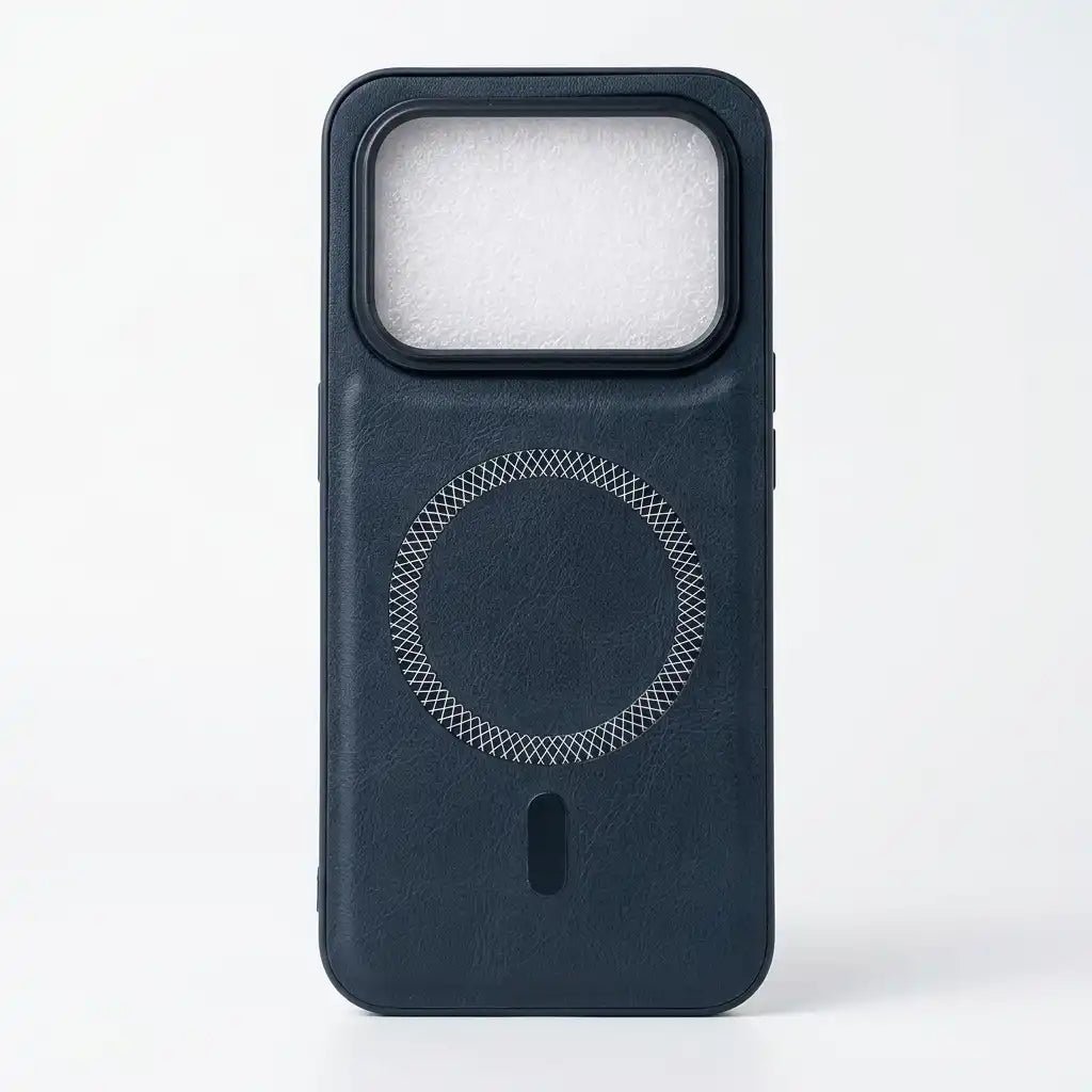 A dark navy blue phone case with a textured leather-like finish, featuring a circular MagSafe-compatible ring design and a camera cutout at the top, shown on a light gray background.