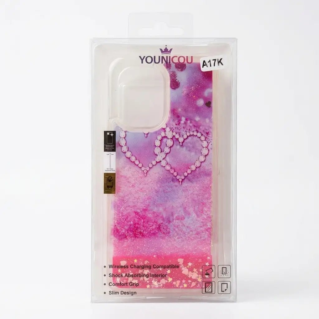 A YOUNICOU phone case in its original retail packaging, featuring a pink and purple glittery design with a heart-shaped rhinestone pattern.