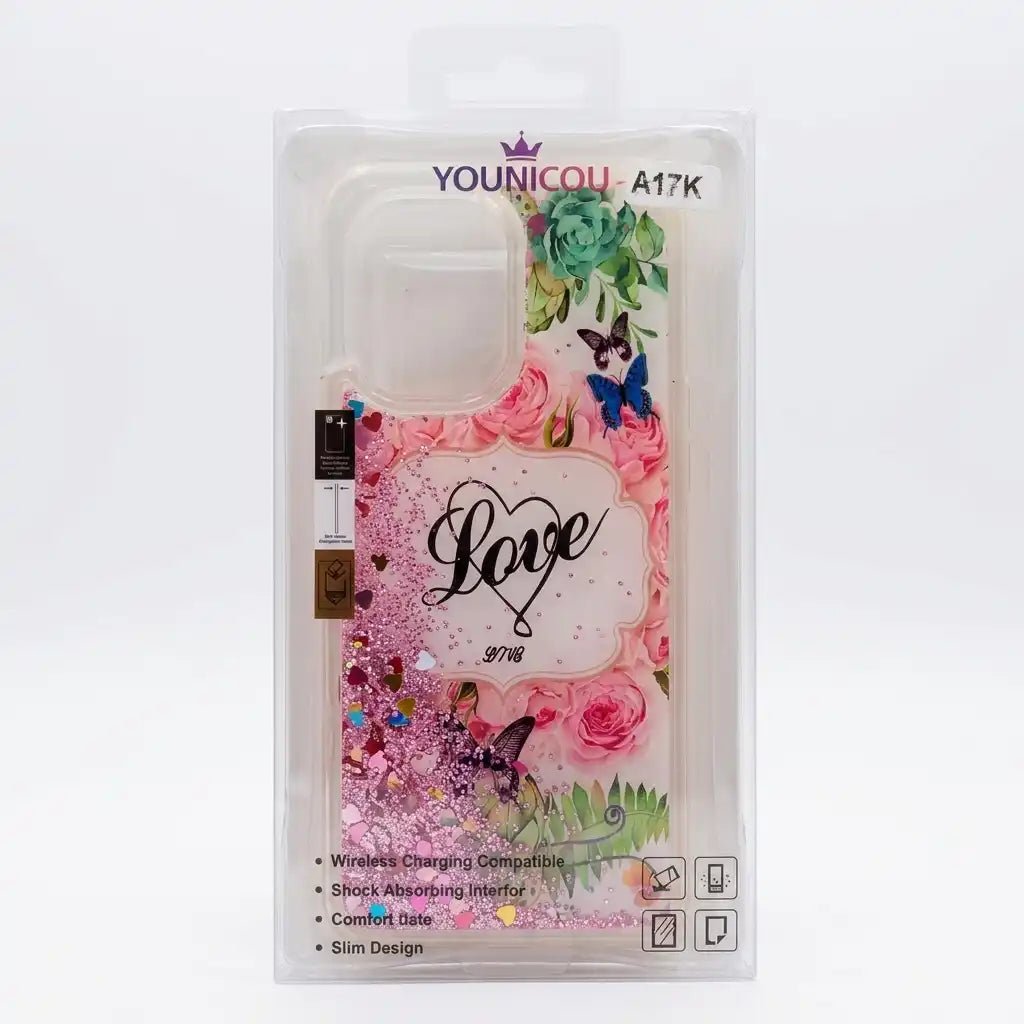 A Younicou A17K phone case in its original retail packaging, featuring a pink and white floral design with a central 'Love' text graphic and glittery pink liquid shaker.