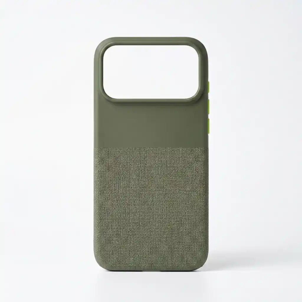 An olive green phone case with a textured fabric lower half and a smooth upper half, shown on a clean white background.