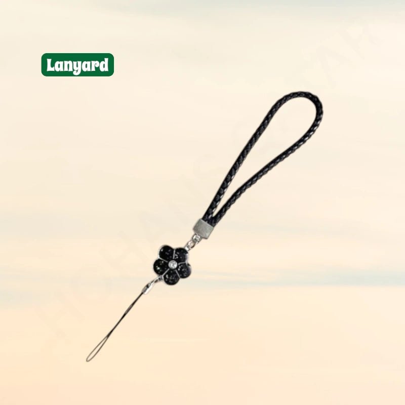 Phone Lanyard Camellia Clover Nylon Braided Leather Strap - Dohans Essentials - Black - qatar