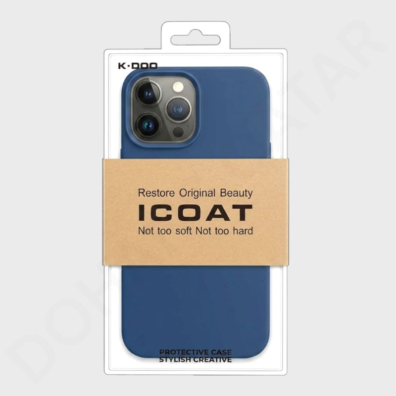 A blue protective phone case in its original retail packaging, featuring a brown cardboard band with the brand name 'ICOAT' and product details, set against a light gray background.
