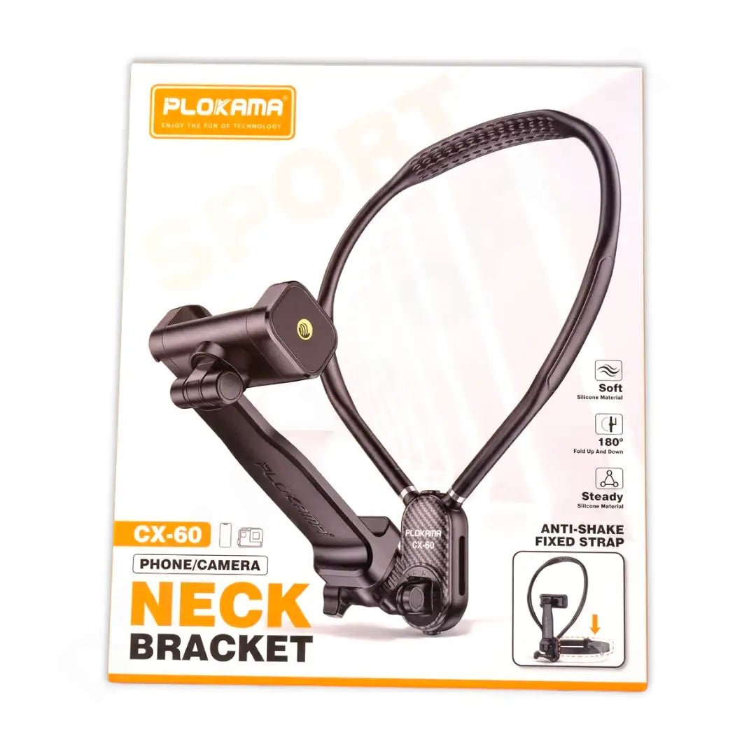 Ploxama CX-60 Phone/Camera Neck Bracket in its original retail packaging, featuring a black adjustable neck bracket with a flexible neck strap on a white box with orange and black text.