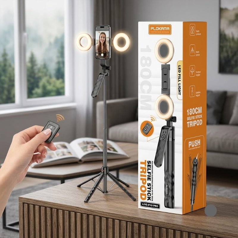 Plokama Live P10 Pro Selfie Stick 180cm With LED Flip Light - Dohans Essentials - qatar