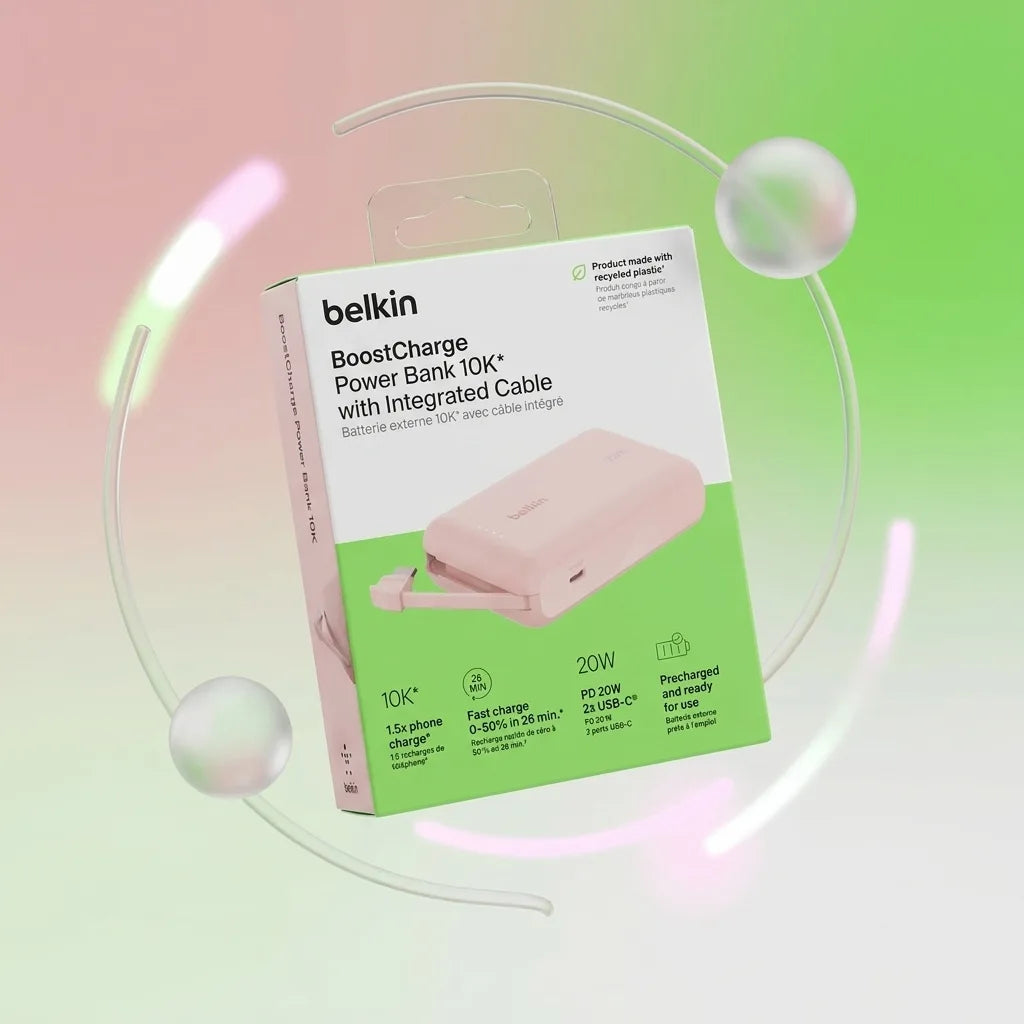 Belkin BoostCharge Power Bank 10000mAh – PD 20W, 2 USB-C, Integrated Cable, Fast Charge