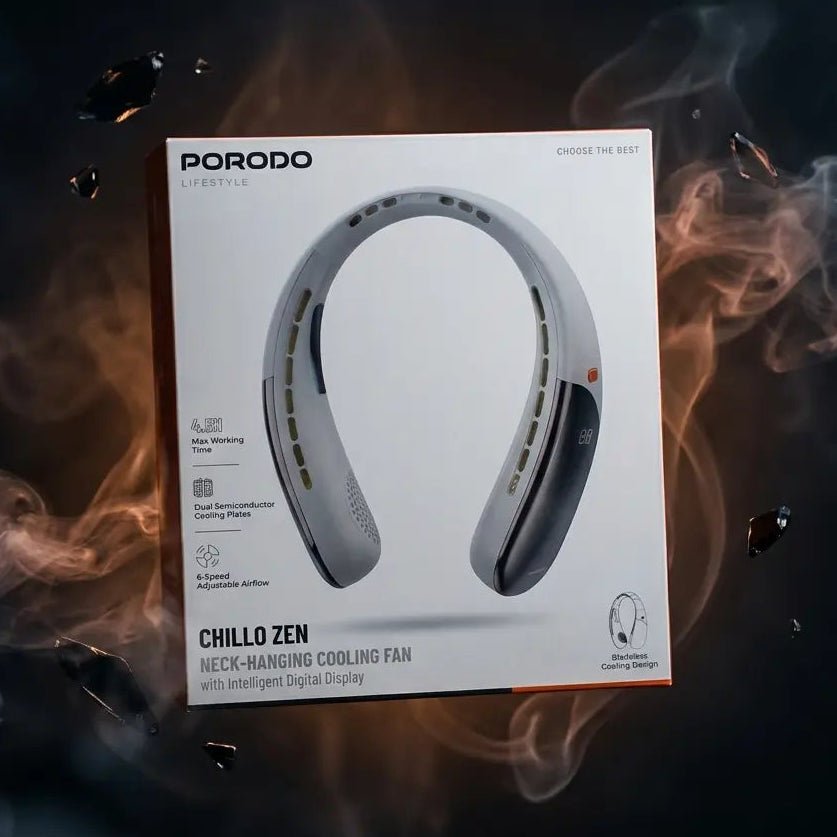 Porodo ChilloZen Neck Cooling Fan | 3000mAh | 6 Speed Levels | Digital Display | USB-C - Dohans Essentials - qatar