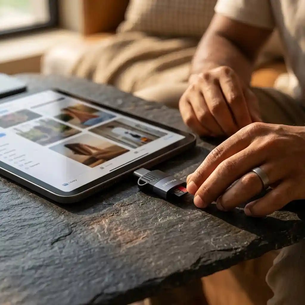 A close-up lifestyle shot of a person inserting a black USB flash drive into a tablet on a dark stone table. The person is wearing a silver ring, and the tablet screen is visible in the background.