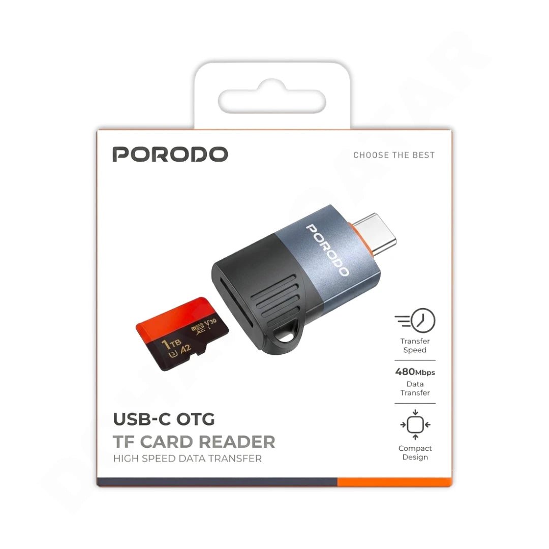 PORODO USB-C OTG TF Card Reader with an included microSD card, shown in its retail packaging against a white background.