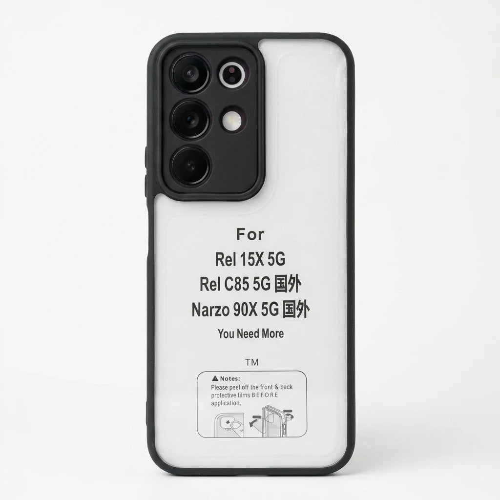 A clear phone case with a black bumper frame, featuring a humorous printed warning label design in black text and an illustration on a white background.