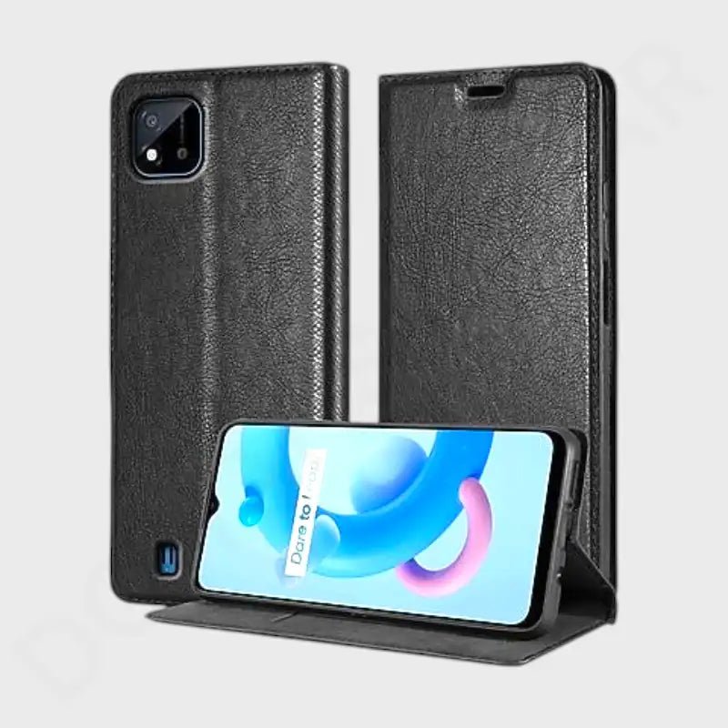 Black textured faux-leather folio phone case shown in three views: closed back, closed front, and open with a kickstand, with a smartphone displayed inside.