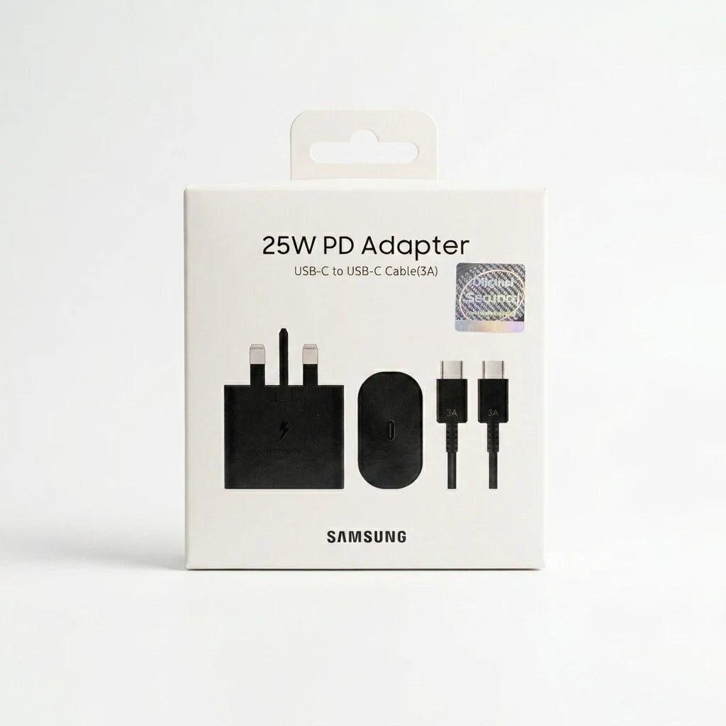 Samsung 25W PD Adapter packaging with USB-C to USB-C cable on a white background