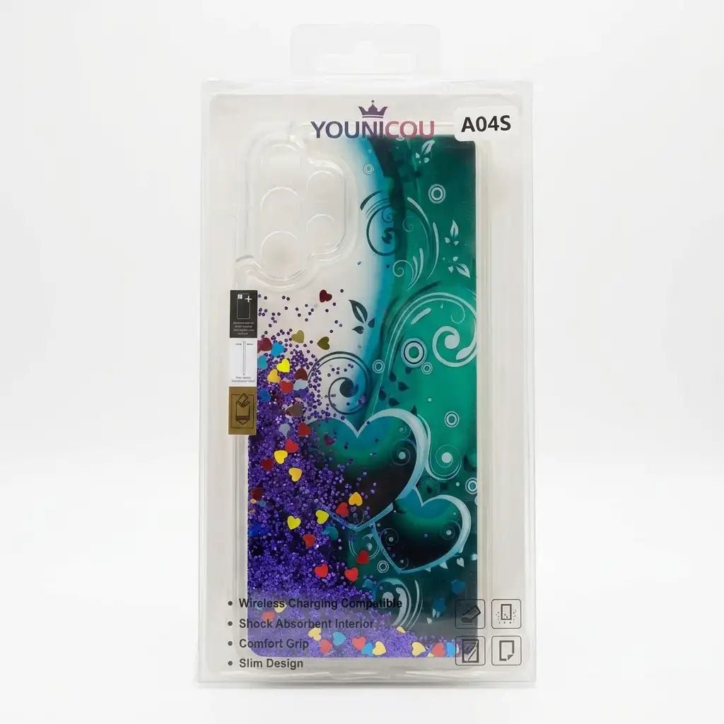 A phone case in its clear plastic retail packaging, featuring a teal and purple glitter liquid design with white swirls and heart details.