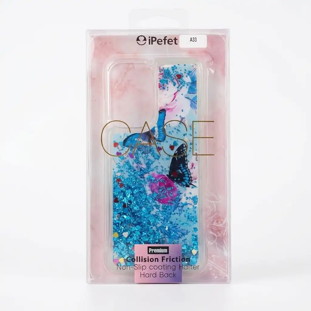 A Pefet brand phone case in its clear plastic retail packaging, featuring a blue glittery background with butterfly and heart designs.