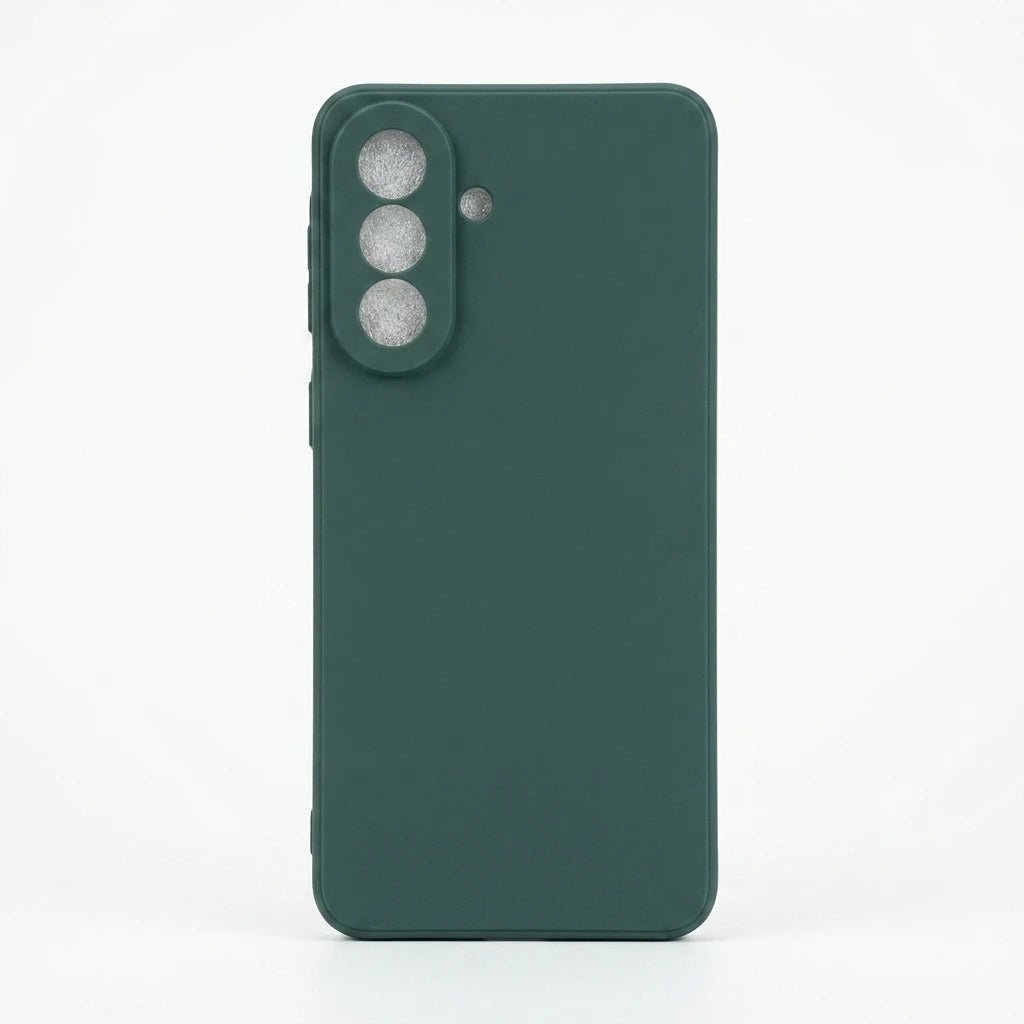A dark green protective phone case with a raised camera bumper, shown from the back on a white background.
