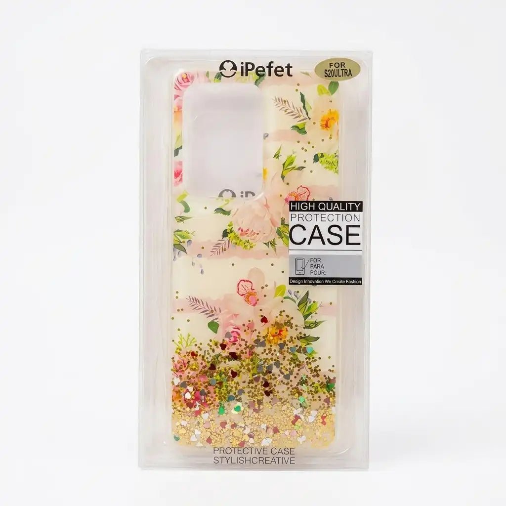 A floral gold glitter phone case by iPefet, shown inside its clear plastic retail packaging against a white background.