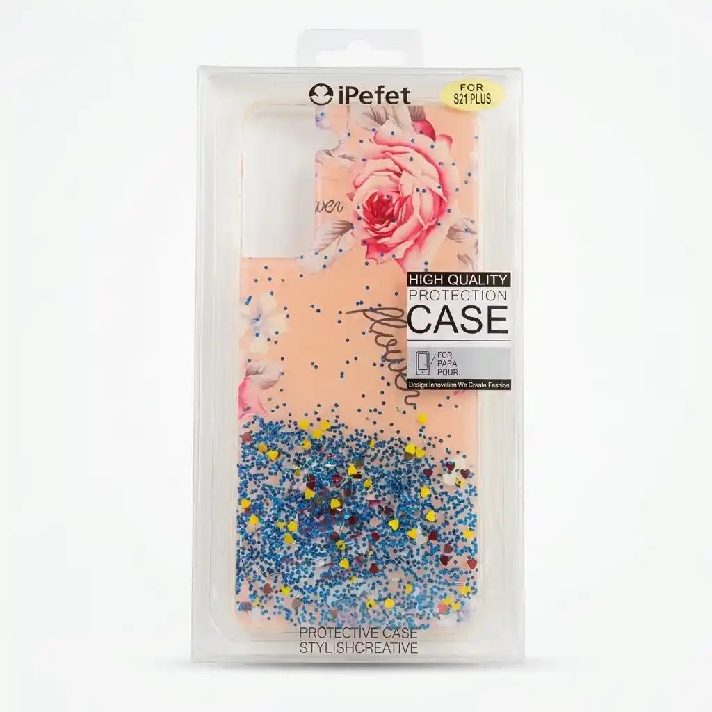 iPefet brand phone case in its clear plastic retail packaging, featuring a peach and pink rose design with blue, yellow, and red glitter accents.