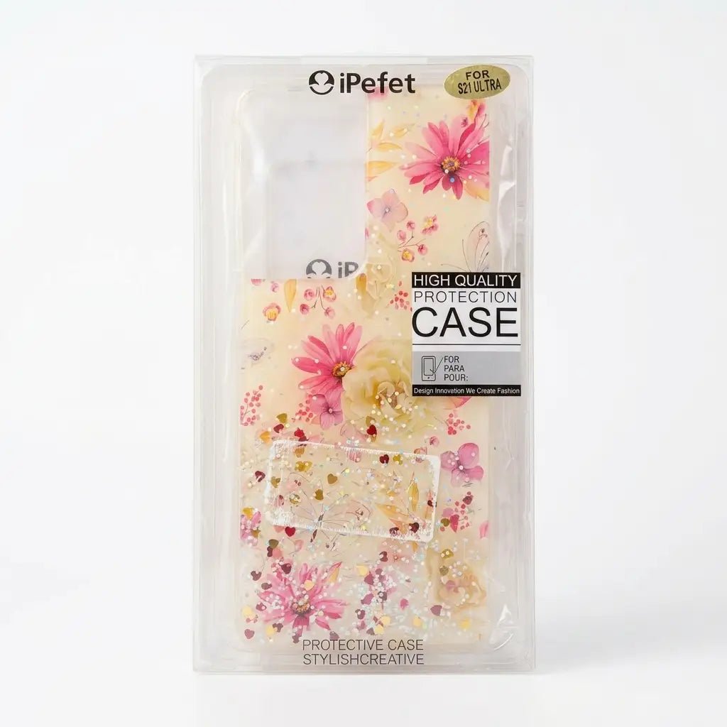 iPefet High Quality Protection Case in clear packaging, featuring a cream-colored floral design with pink and yellow flowers and gold glitter.