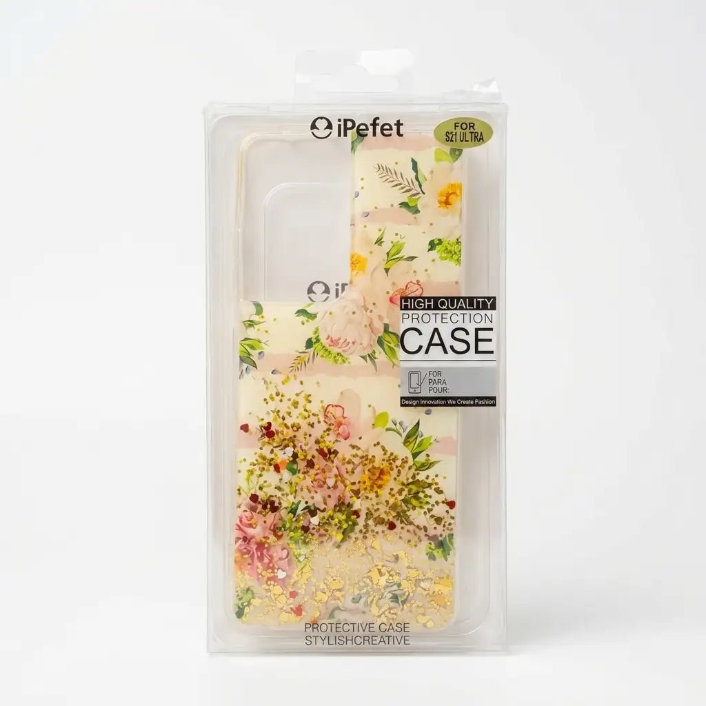 A clear plastic retail package containing a floral phone case with embedded glitter and flower pieces. The package shows the brand name iPefet and text including 'HIGH QUALITY PROTECTION CASE' and 'FOR SILKTA'.