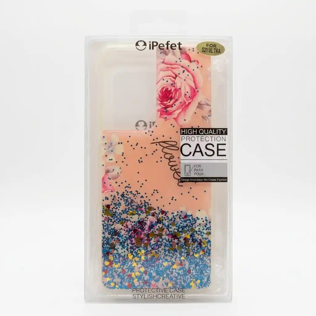 iPefet brand phone case in its clear plastic retail packaging, featuring a peach and pink rose design with blue, purple, and gold glitter accents.