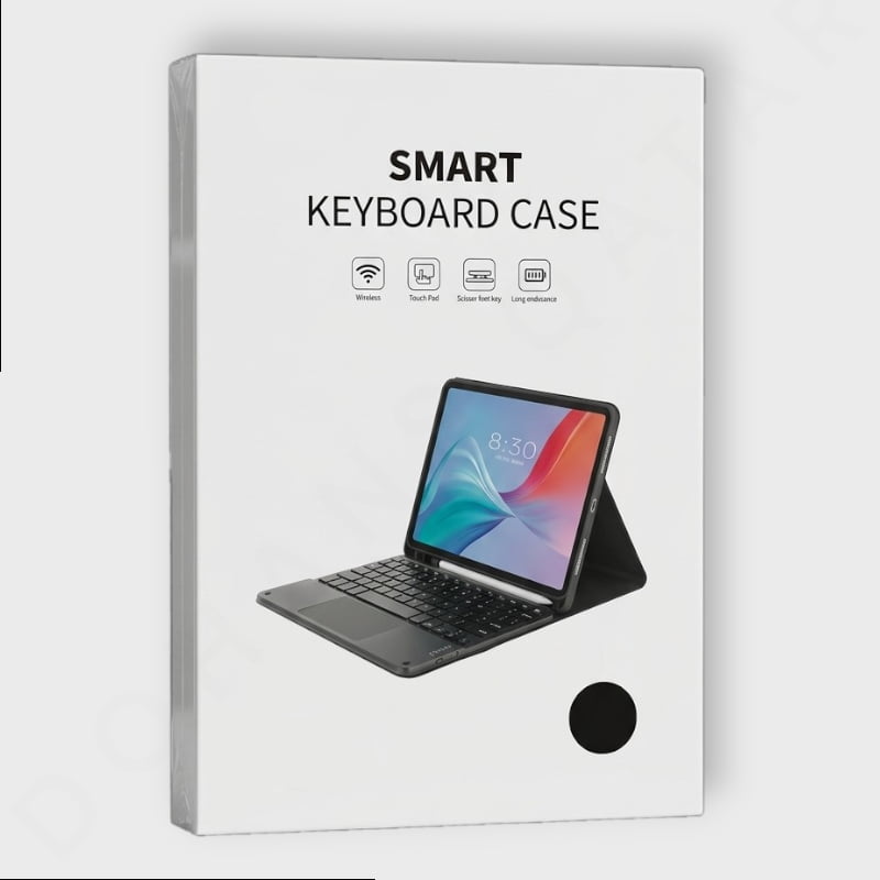 Smart keyboard case packaging with a tablet and keyboard on a white background