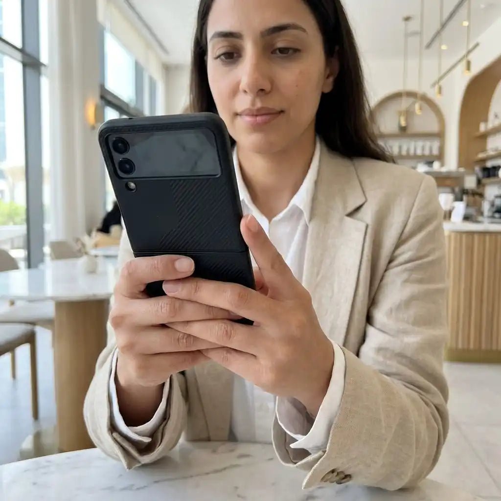 Woman using a smartphone in a modern cafe setting