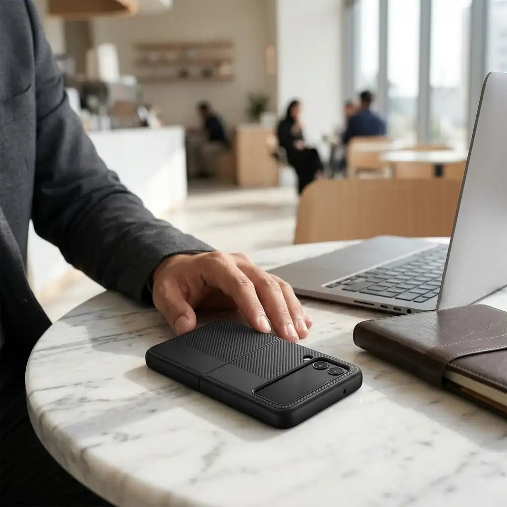 Person using a smartphone with a black case on a marble table in a modern office setting.
