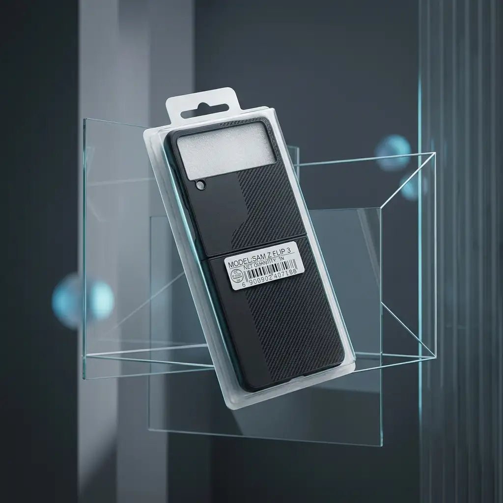 Black electronic device in packaging on a reflective surface