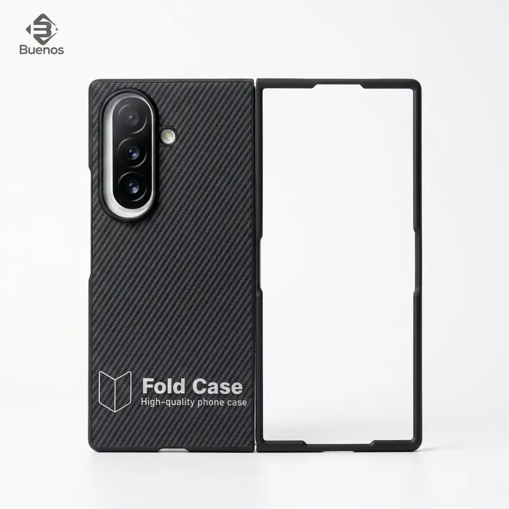 A black carbon fiber-textured phone case shown partially unfolded to display both the back cover and the front frame, on a clean white background. The brand logo 'Buenos' is visible in the top-left corner.