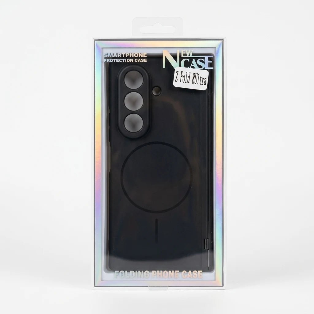 A black folding phone case with a circular MagSafe-style ring, shown inside its clear retail packaging with an iridescent border. The packaging features text including 'N CASE' and 'Z Fold Ultra'.