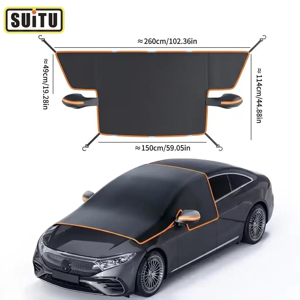 Car sunshade with dimensions displayed above a car model