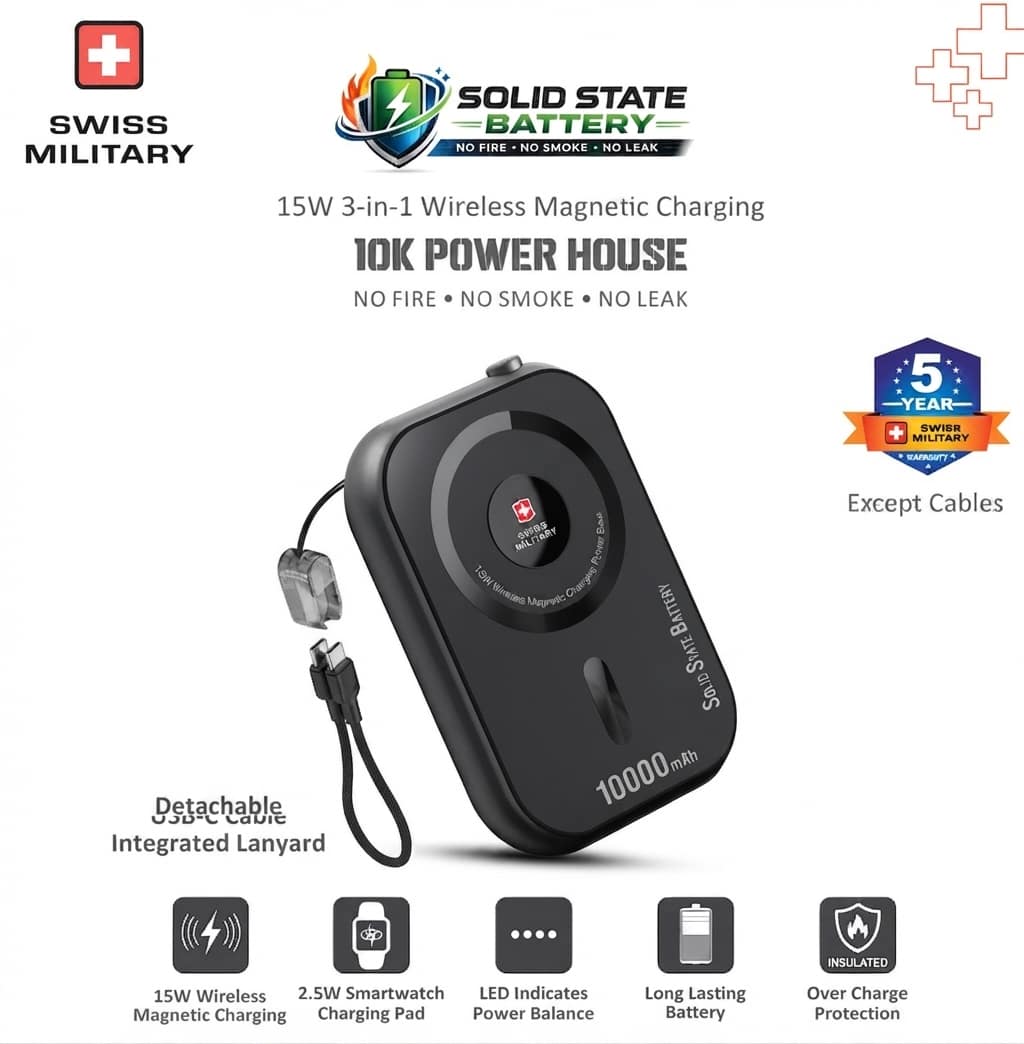 Swiss Military 10000mAh 3-in-1 Wireless Solid State Power Bank - Dohans Essentials - qatar