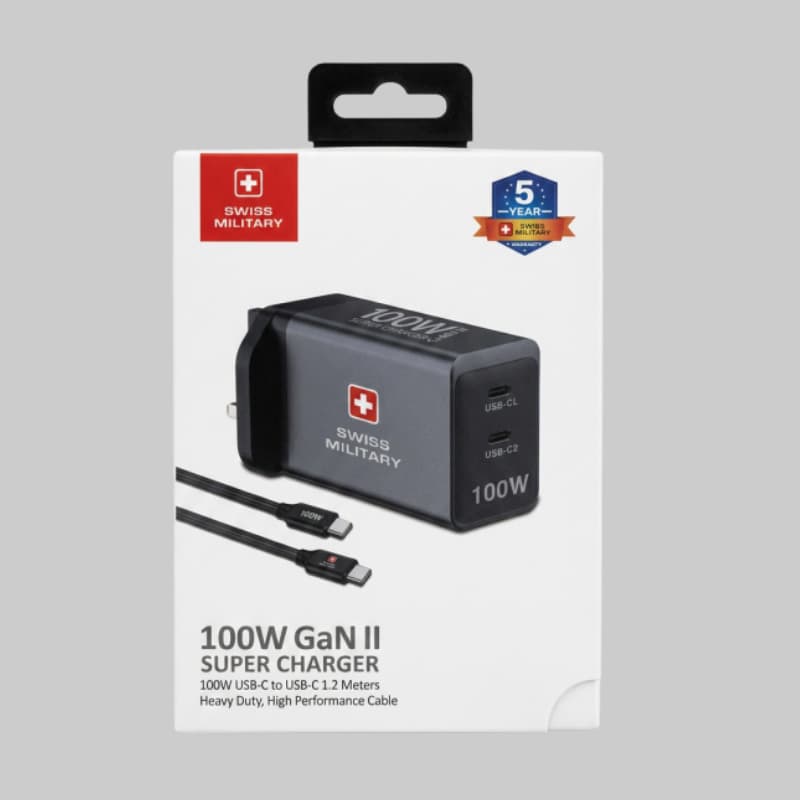 Swiss Military 100W GaN II Dual USB-C Charger with Type-C to Type-C Cable 1.2M - Dohans Essentials - qatar