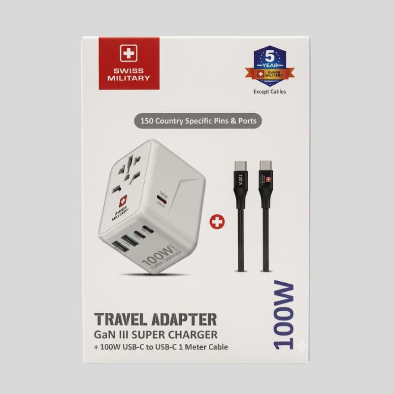 Swiss Military 100W Travel GaN III Super Charger 150 Country Adapter With 100W Type-C To Type-C Cable - Dohans Essentials - qatar