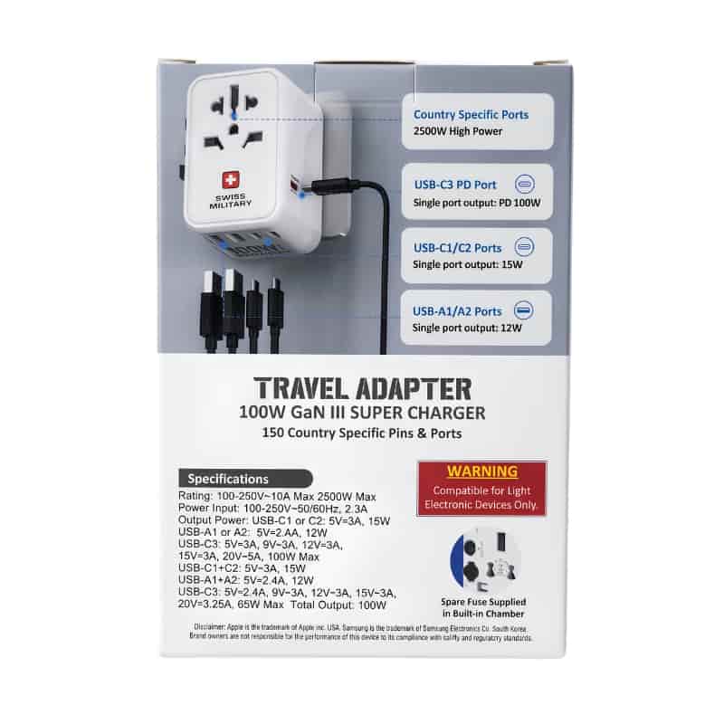 Swiss Military 100W Travel GaN III Super Charger 150 Country Adapter With 100W Type-C To Type-C Cable - Dohans Essentials - qatar