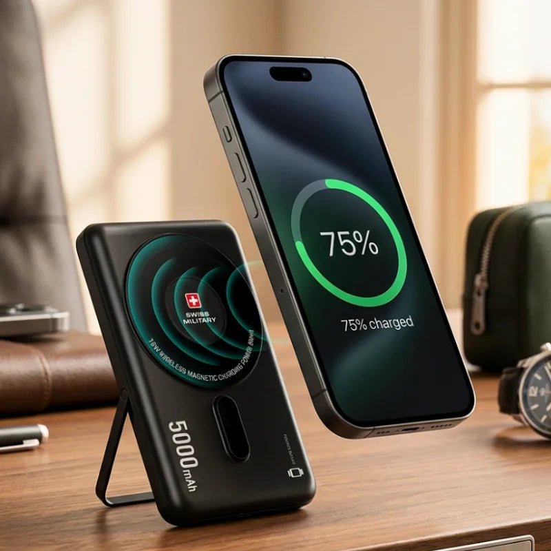 Swiss Military 5000mAh 3-in-1 Wireless Magnetic Power Bank & Card Holder- Black - Dohans Qatar - qatar