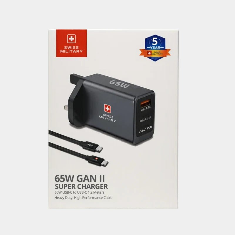 Swiss Military 65W GaN II Charger With 60W Type C 1.2m Cable - Dohans Essentials - qatar