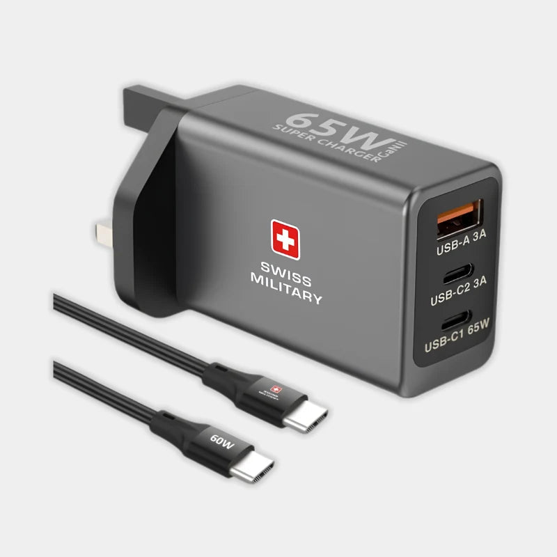 Swiss Military 65W GaN II Charger With 60W Type C 1.2m Cable - Dohans Essentials - qatar