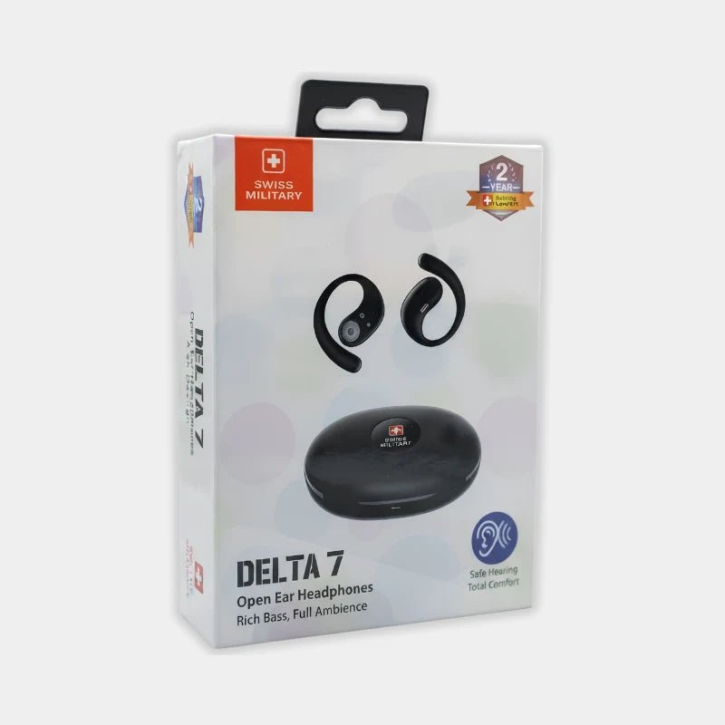 Swiss Military Delta 7 Open Ear Earbuds Rich Bass, Full Ambience | Black | SM-TWS-DELTA7-BLK - Dohans Essentials - qatar